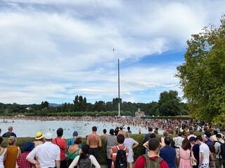 French tightrope walker Nathan Paulin walks on a 950 meters long slackline, 50 meters over Geneva...