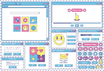 Big set of retro desktop browser and dialog windows. Cute 80s 90s old computer user interface elements and vintage aesthetic icons. Nostalgic retro operating system. Vector Illustration