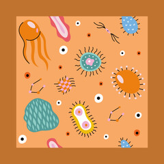 Colorful medical seamless pattern with cute doodle bacterias, microbs and dnk