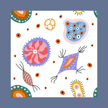 Colorful medical seamless pattern with cute doodle bacterias, microbs and dnk