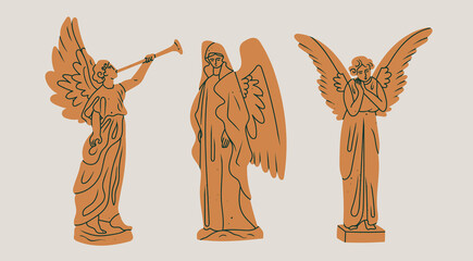 Set of various golden Statues. Sculptures with wings. Antique statue with horn. Statues of angels, cupid, cherub. Hand drawn modern Vector illustration. Cartoon style. All elements are isolated