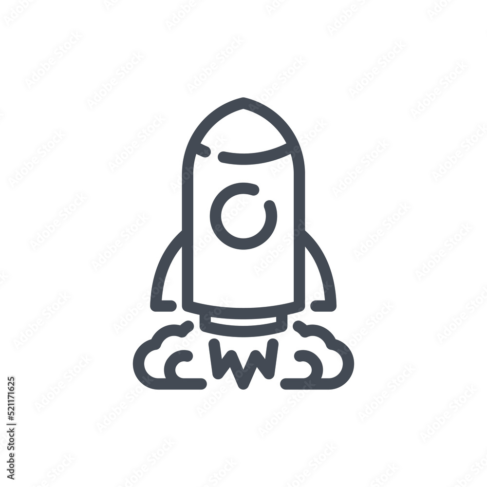 Poster spaceship and startup launch line icon. rocket in space vector outline sign.