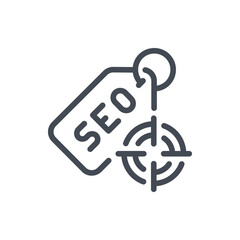 SEO tag label with target line icon. Marketing offer and Advertising target vector outline sign.
