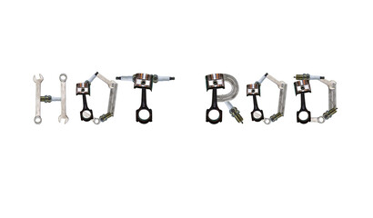 The inscription Hot rod made of car parts on a white background