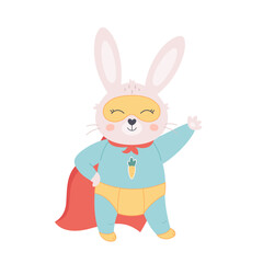 Cute white rabbit in a superhero Halloween costume. Happy Halloween. Hand drawn vector illustration