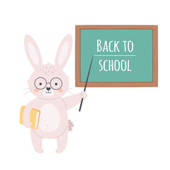 Cute rabbit teacher standing near school board. Back to school. Animals at school. Hand drawn vector illustration
