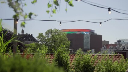 Rainbow Building ARoS Aarhus art museum in Denmark filmed from rooftop