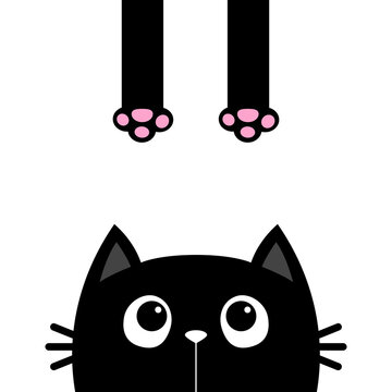 Funny cat face head silhouette looking up. Hanging body paw print, tail. Black kitten. Cute kawaii animal. Baby card. Notebook cover. Sticker print. Cartoon pet. Flat design. White background.