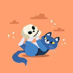 Cute halloween cat plays with a big skull. Expressive animal character. Flat hand drawn cartoon vector illustration