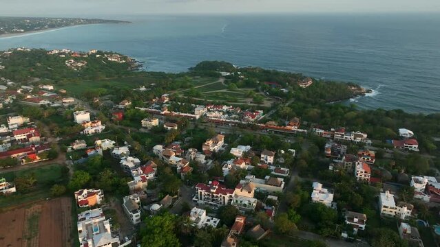 Puerto Escondido,Carrizalillo, renconada, Aerial fly drone view. Natural Bay Beach drone fly above sea water in Pacific Ocean, Messico