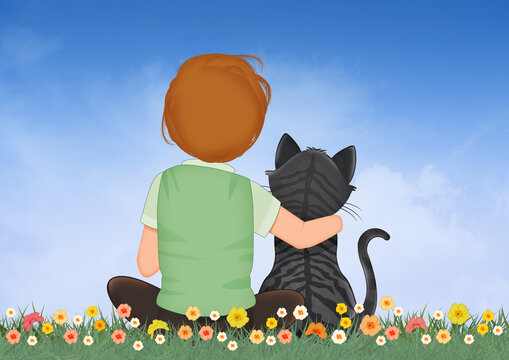 illustration of boy with cat