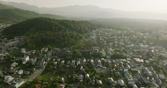Aerial View Of Apartments And Hotels By The Hillside In Bakuriani, Daba And Ski Resort In Borjomi, Georgia. drone pan left