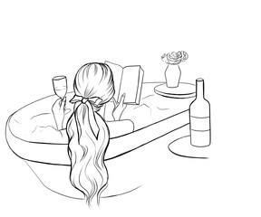 A young girl takes a bath, reads a book and drinks red wine. A girl with blonde hair in the bathroom. Illustration