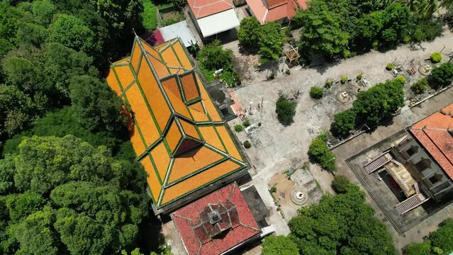 Aerial footage over Sameakki Kbal Koh Pagoda in the north of Silk Island (Koh Dach) 10 kms outside Phnom Penh, Cambodia 1-3