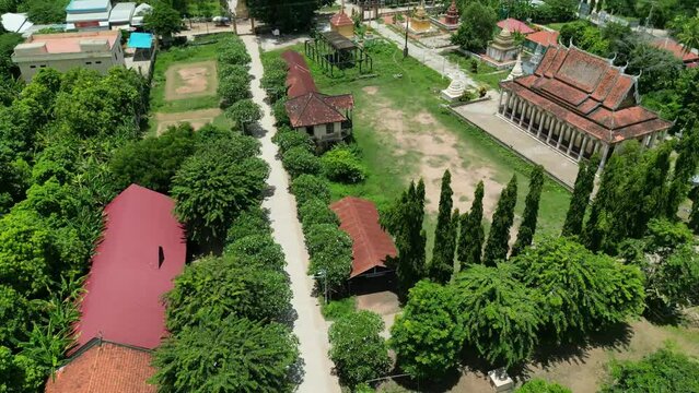 Aerial footage over Sameakki Kbal Koh Pagoda in the north of Silk Island (Koh Dach) 10 kms outside Phnom Penh, Cambodia 3-3