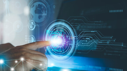 Cyber security expert working on tablet, IT engineer working on protecting network against cyberattack hackers on internet. Secure access for online privacy and personal data protection. fingerprint.