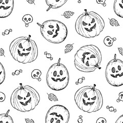 Halloween pumpkin seamless pattern. Hand drawn vector illustration. Black and white seamless pattern.