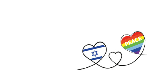 Drei Herzen mit der Fahne von Israel und der Friedensflagge, Regenbogenflagge