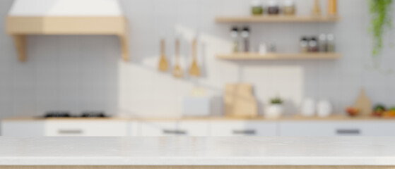 Empty mockup space over blurred modern minimal white kitchen cooking space in background. - obrazy, fototapety, plakaty