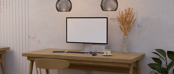 Minimal classic vintage home workspace with PC desktop computer on wood table