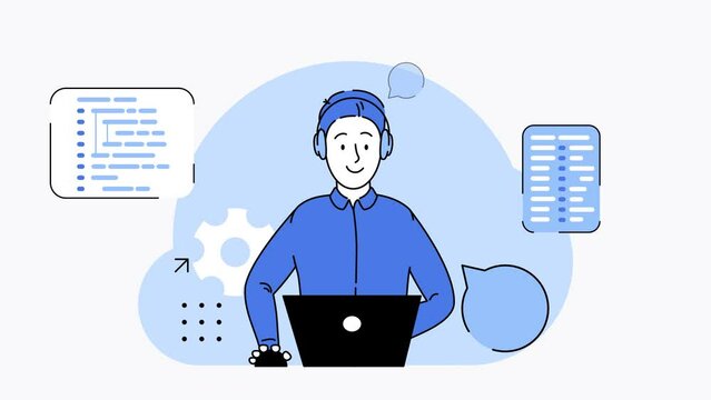 IT Programming, Support. Concept of script coding. Programming language. Programmer working on web development on computer. Software developers. Workplace of the programmer. 2d flat animation