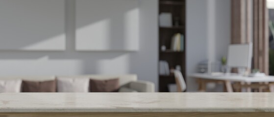 Marble tabletop with empty space over blurred modern living room in the background.