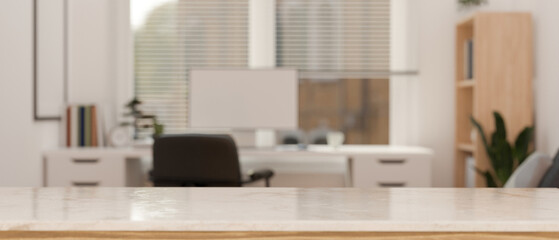 Fototapeta na wymiar Modern white tabletop with copy space over blurred modern minimal office workspace