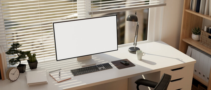 Minimal comfortable white office room interior designs with computer desk, PC computer mockup