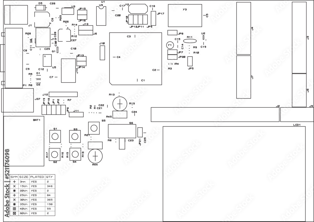 Poster assembly drawing of the printed circuit board. the top layer of the board. silkscreen printing.