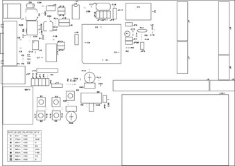 Assembly drawing of the printed circuit board. The top layer of the board. 
Silkscreen printing.