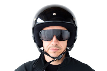 Portrait of a motorcyclist in a protective black helmet on an isolated white background. Safe ride...