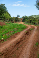 Fototapeta na wymiar Dirt road in Kokkinopilos (red clay), Preveza Greece, a unique geological phenomenon.