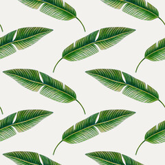 Seamless pattern of tropical banana leaves drawn with colored pencils on a light background. For fabric, sketchbook, wallpaper, wrapping paper.