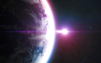 Sunrise on distant planet in red-blue light. View from space. Science fiction. Elements of this image furnished by NASA