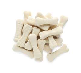 Bone shaped dog cookies on white background, top view