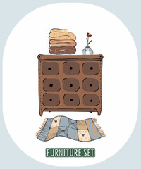 Vector. A set of interior elements in fashionable beige and brown tones. Basil in a pot, a sofa with a pillow, a coffee table with a flower, a carpet, towels and blankets, a chest of drawers.