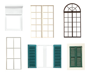 Many different window frames on white background, collage