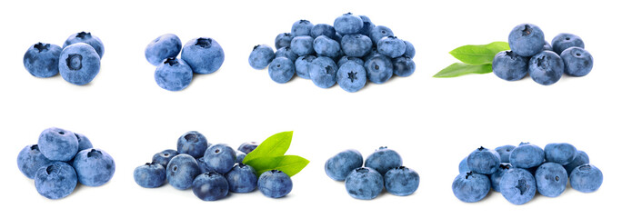 Set with tasty fresh ripe blueberries on white background. Banner design