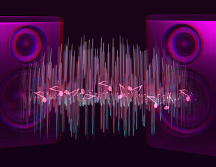 Modern powerful audio speakers and sound waves on dark background