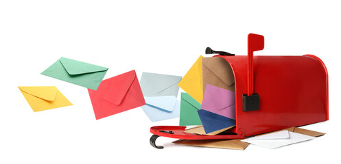 Different color envelopes flying out from red letter box on white background. Banner design