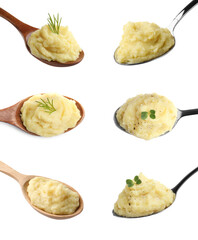 Set with spoons of tasty mashed potatoes on white background