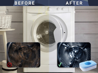 Drum of washing machine before and after using water softener tablet