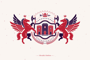 Vintage vector design element. Retro style label created with graceful Pegasus illustration and medieval stronghold.