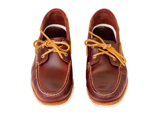 Boat shoes isolated on white background. Leather shoes. Men's leather shoes. Brown leather shoes. Top-siders isolate on white.