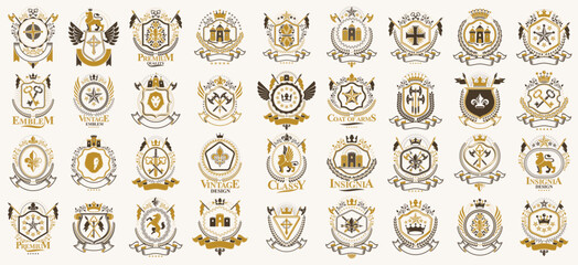 Vintage heraldic emblems vector big set, antique heraldry symbolic badges and awards collection, classic style design elements, family emblems.