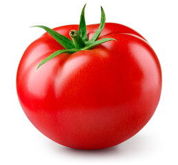 Tomato isolated. Tomato on white background. Perfect retouched tomatoe side view. With clipping path. Full depth of field.