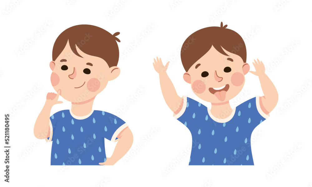 Poster little boy thinking and putting out tongue demonstrating facial expression and emotion vector set