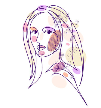 recommend clip art: Beautiful face of attractive woman vector linear drawing, sensitive emotional line art adult girl portrait, feminine abstract face line art.