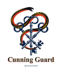 Snake wraps around vintage key, protected secret concept, turnkey and serpent old style tattoo, vector symbol logo or emblem.
