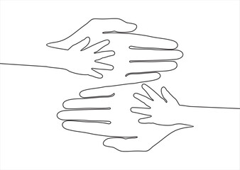 Continuous one line drawing of volunteering hands. Illustration with quote template. Can used for logo, emblem, slide show and banner.
